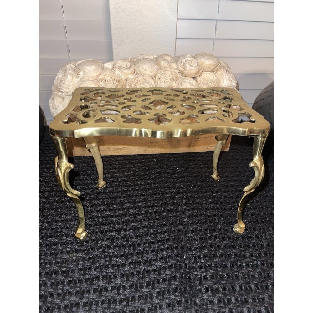 Vintage Ornate Solid Brass Footed Trivet /Antique Pedestal Plant Stand Victorian
